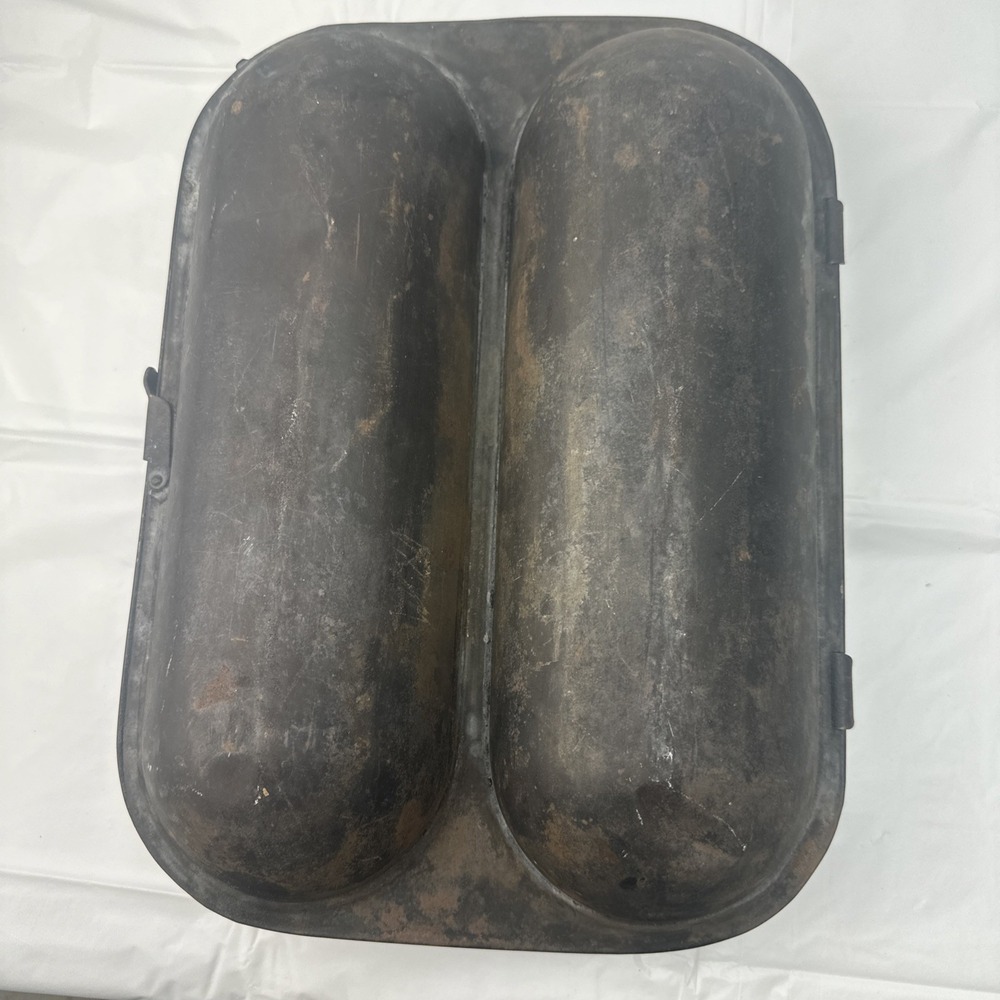 Antique Hinged Double French Bread Pan Industrial Rustic Metal Baguette Mold